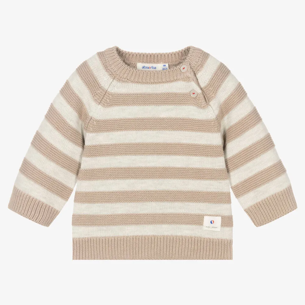 Beige Stripe Knitted Cotton Sweater