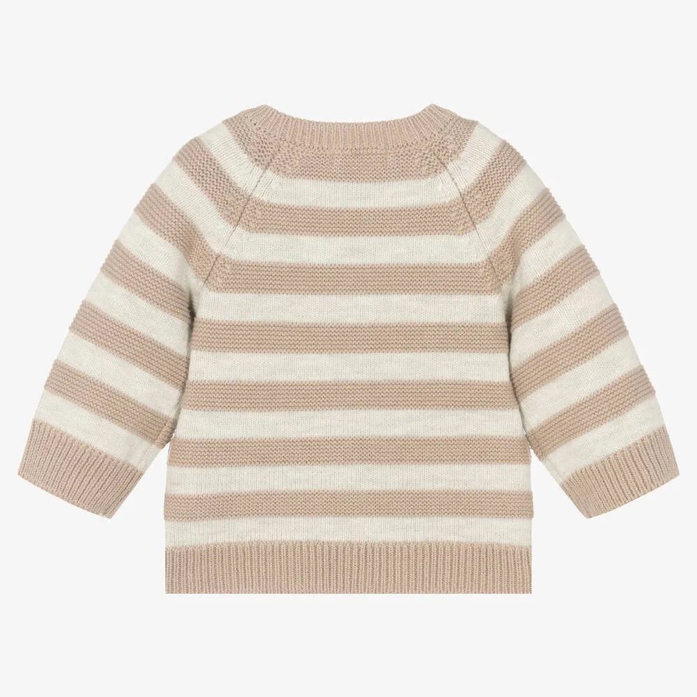 Beige Stripe Knitted Cotton Sweater