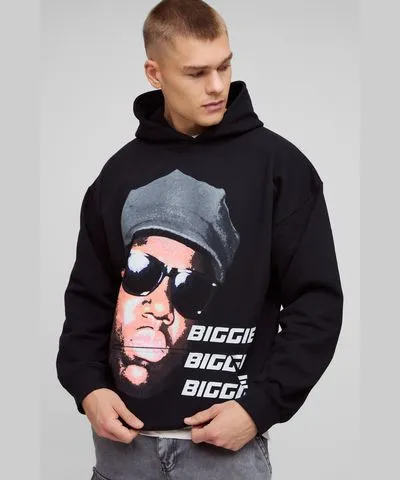 boohooMAN Mens Oversized Biggie License Print Hoodie