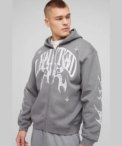 boohooMAN Mens Oversized Zip Through Limited Graphic Hoodie