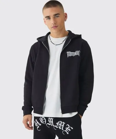 boohooMAN Mens Zip Through Gothic Skull Print Hoodie