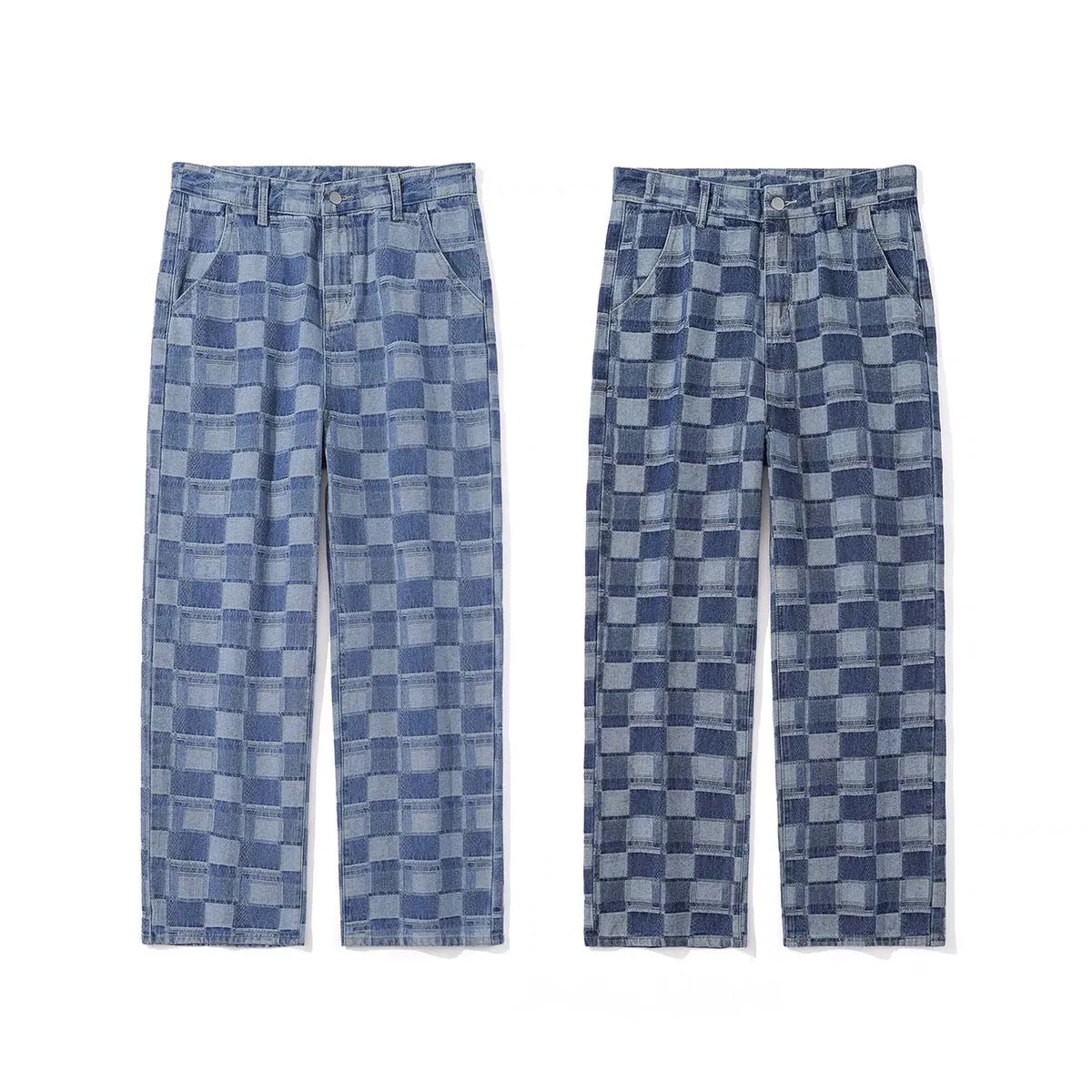 CHECKERED STRAIGHT LEG DENIM JEANS