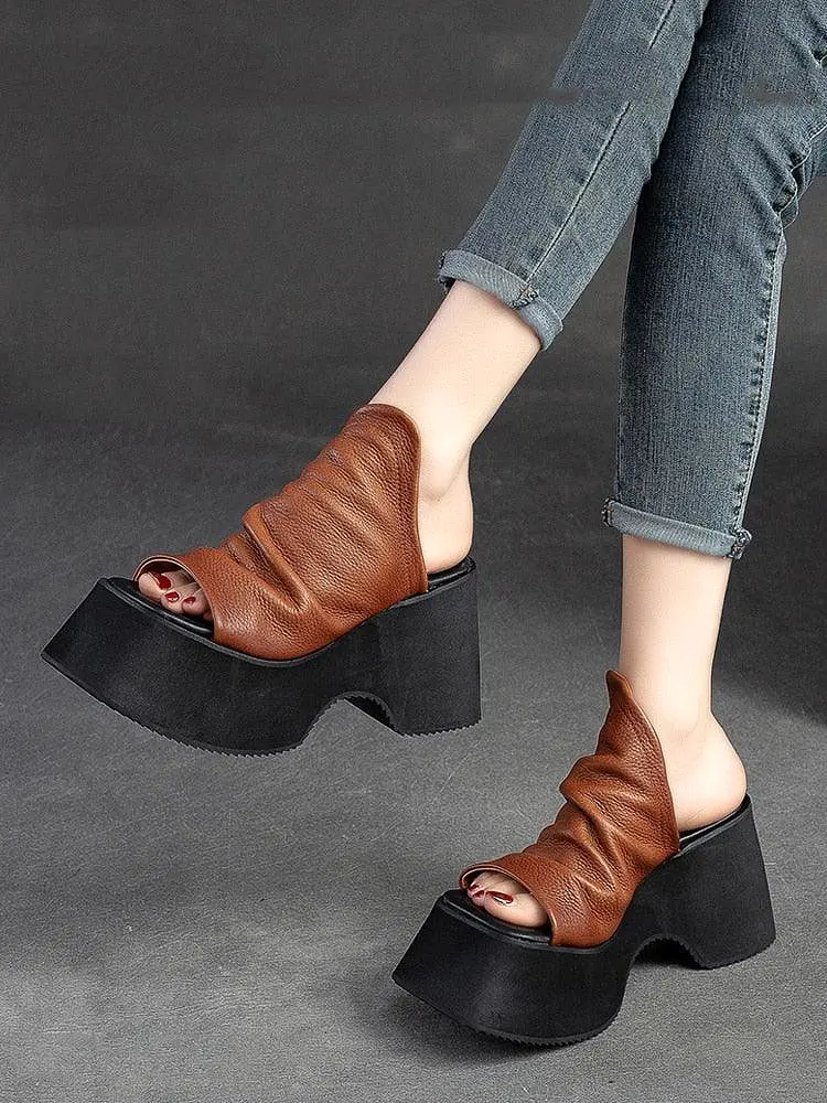 Chunky Heels Leather Wedge Sandals