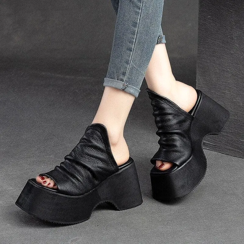 Chunky Heels Leather Wedge Sandals