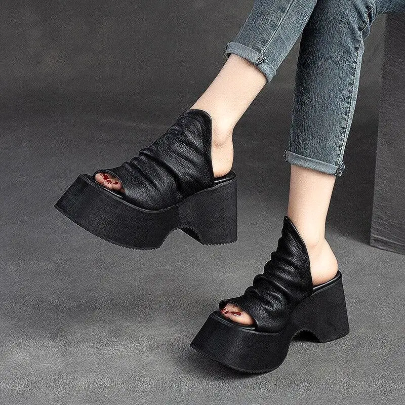 Chunky Heels Leather Wedge Sandals