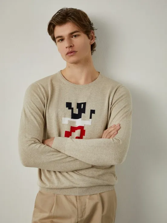 Cotton sweater with tricolor lion