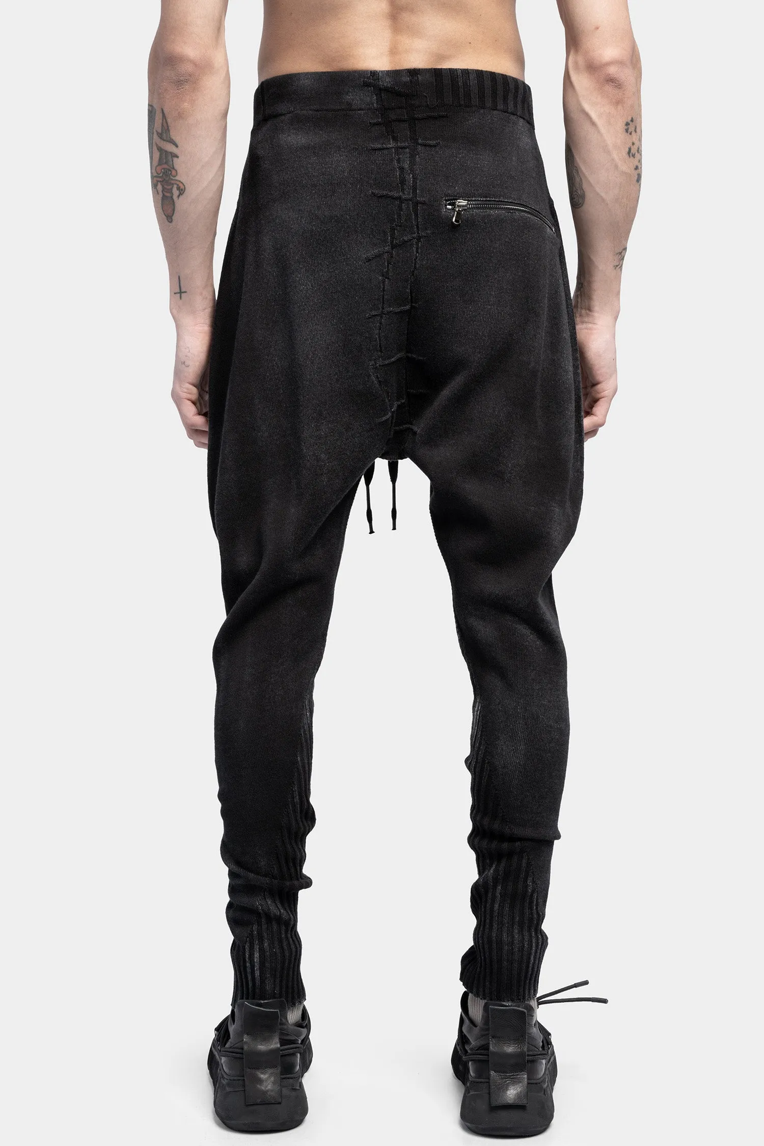 Drop crotch knit pants, Black spray