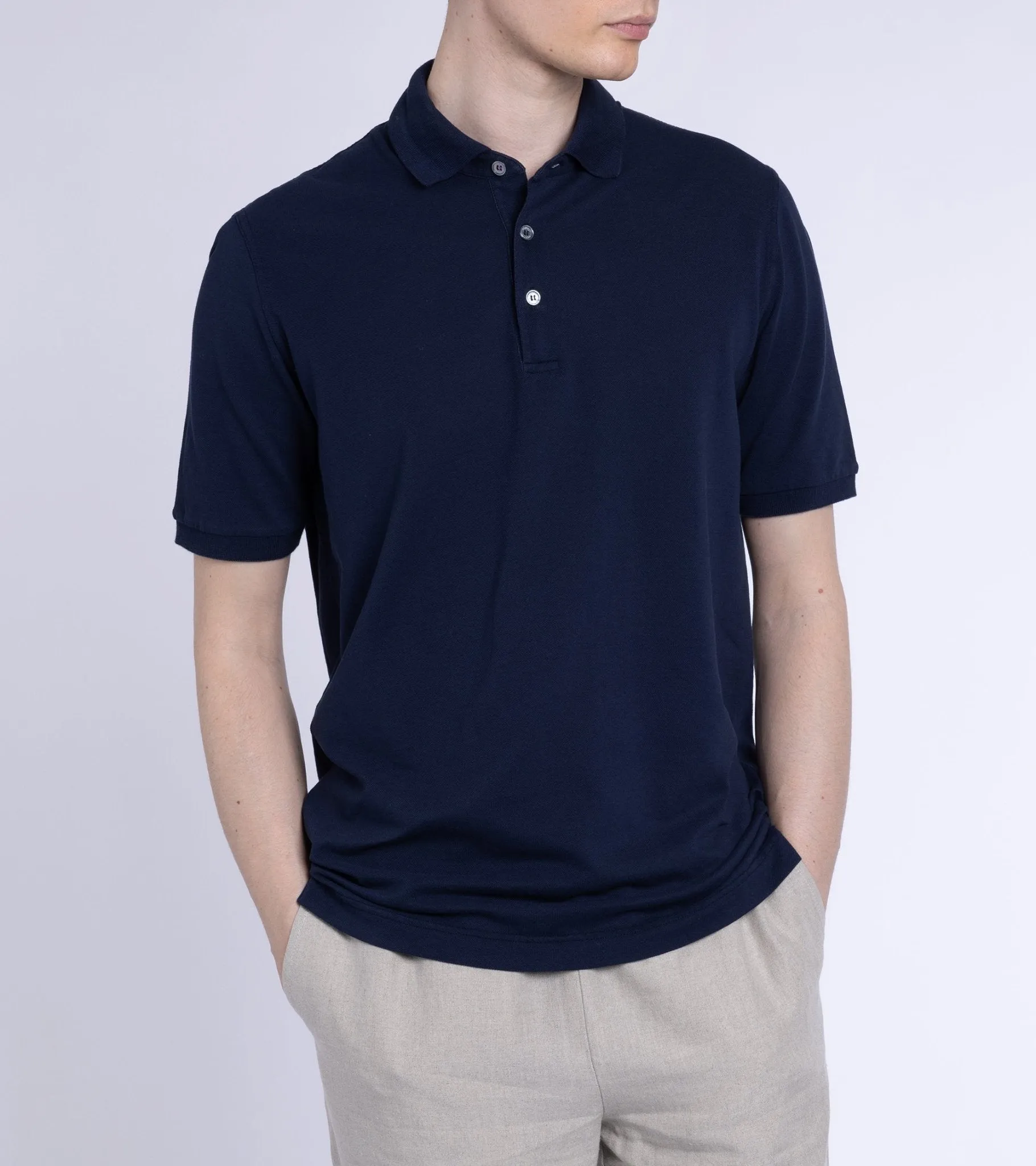 Fedeli Light Cotton Pique Polo Shirt: Navy