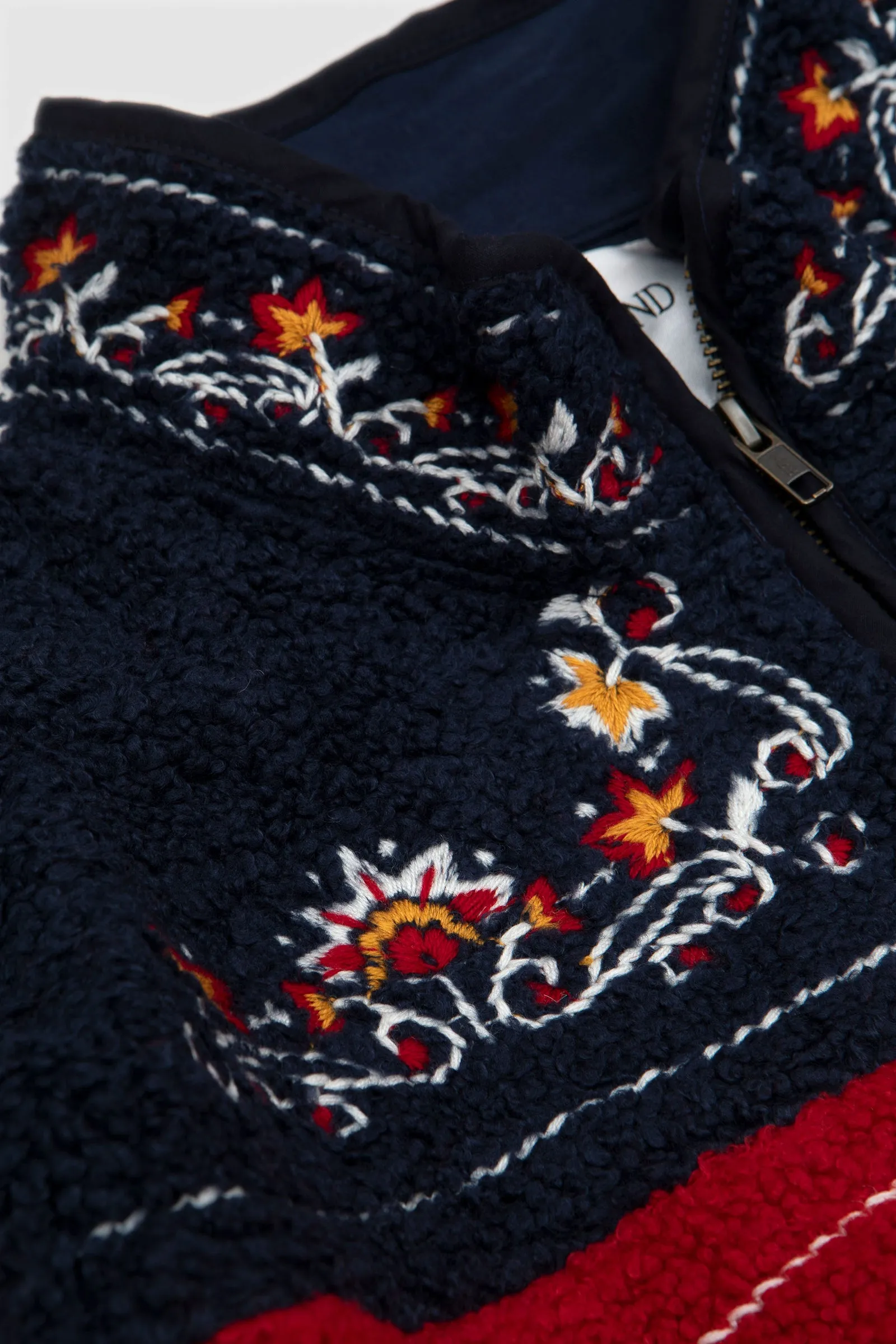 FOUND Pahari Floral Embroidered Sherpa Jacket Red/Navy