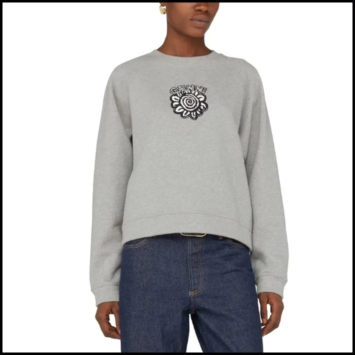 Ganni  |Crew Neck Flower Patterns Long Sleeves Plain Cotton Logo