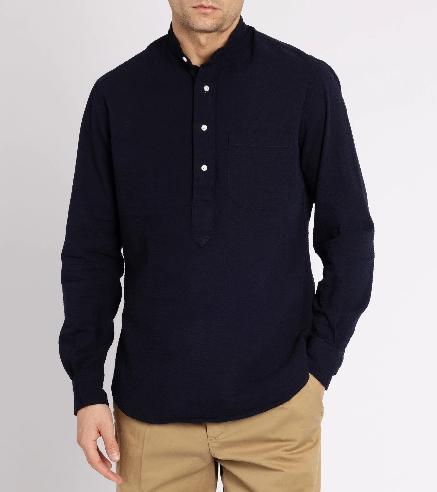 Gitman Vintage Cotton Seersucker Band Collar Popover Shirt: Navy