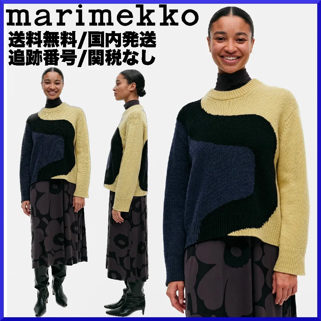 marimekko  |Crew Neck Casual Style Wool Nylon Rib Long Sleeves