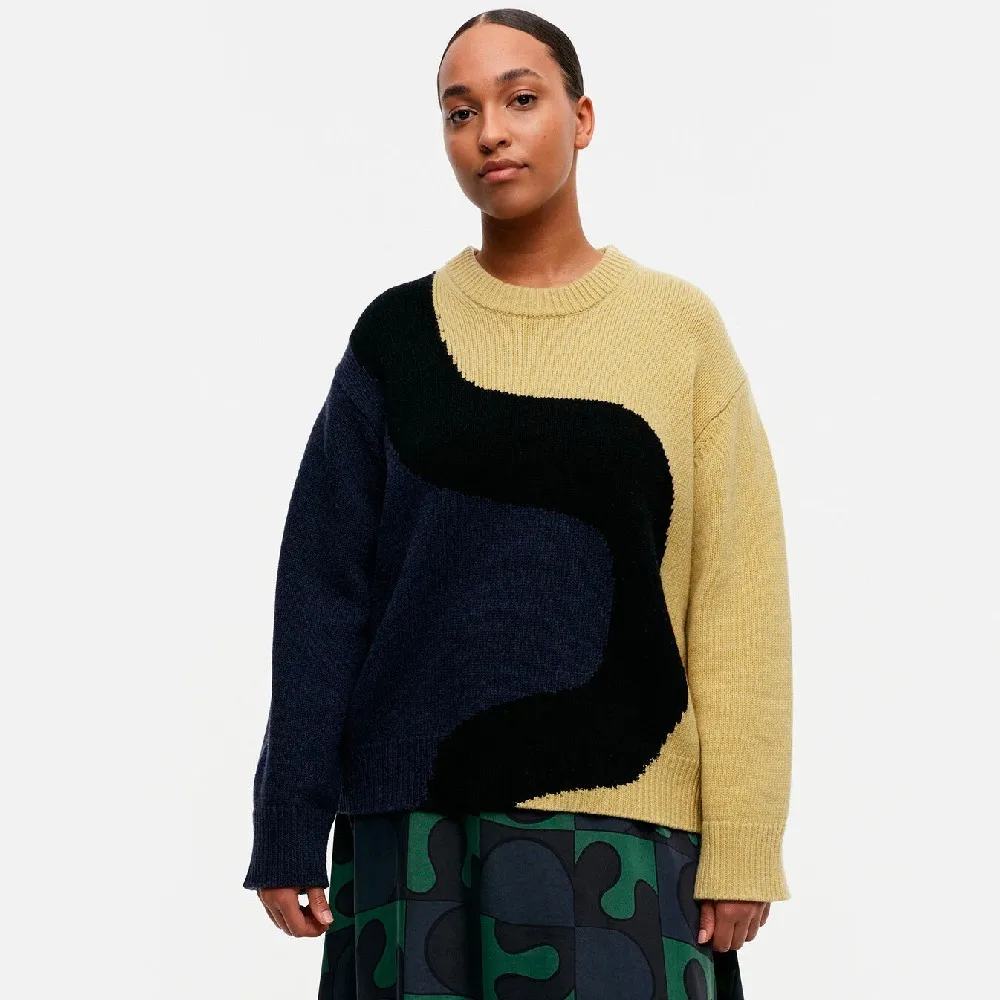 marimekko  |Crew Neck Casual Style Wool Nylon Rib Long Sleeves