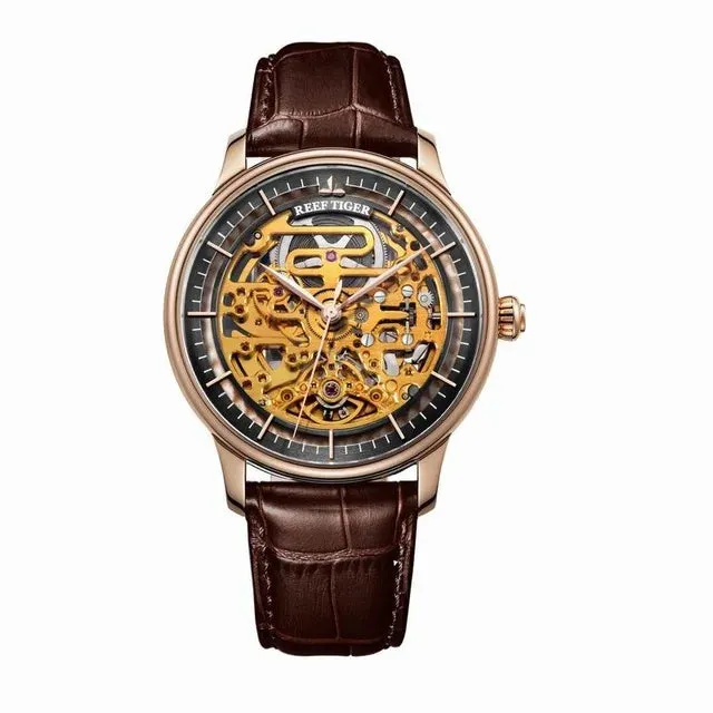 Men's Steel Skeleton Genuine Leather Strap Automatic Mechanical Watch