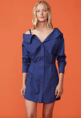 Monrow Stretch Poplin Mini Shirt Dress in French Navy