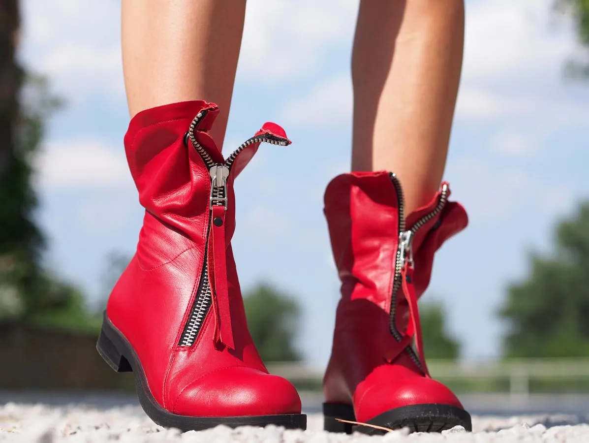 Red genuine leather boots/woman genuine leather boots/red winter boots,EXTRAVAGANT LEATHER BOOTS