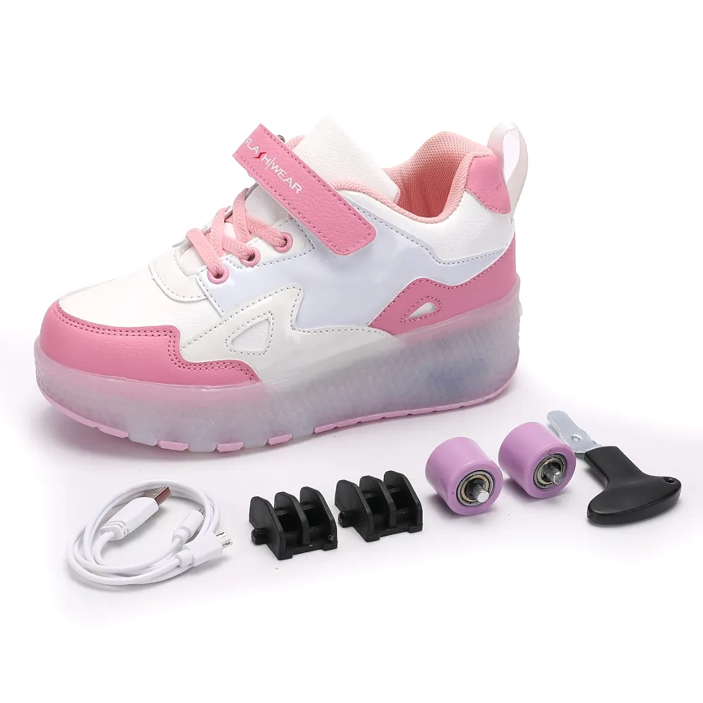 White/Pink Roller Light up Rechargeable Shoes