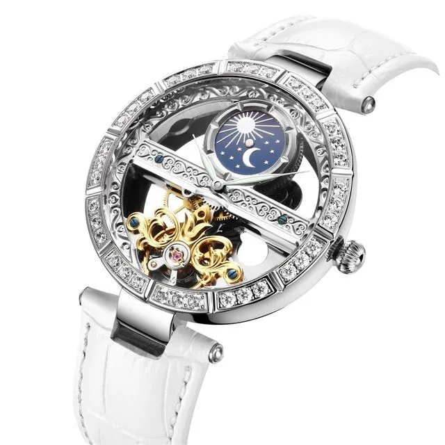 Women's Genuine Leather Hollowed Out Skeleton Luminous Wristwatch