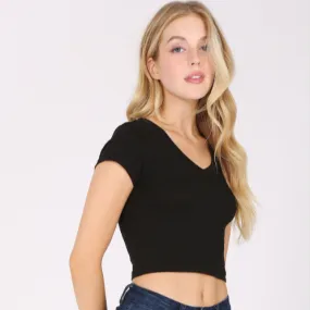 Women's Short Sleeve Stretch V-Neck Crop Top T-Shirt