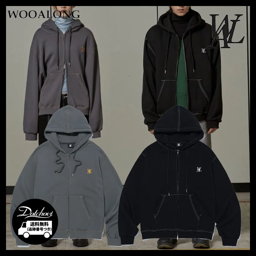 WOOALONG  |Unisex Street Style Long Sleeves Plain Cotton Logo Hoodies