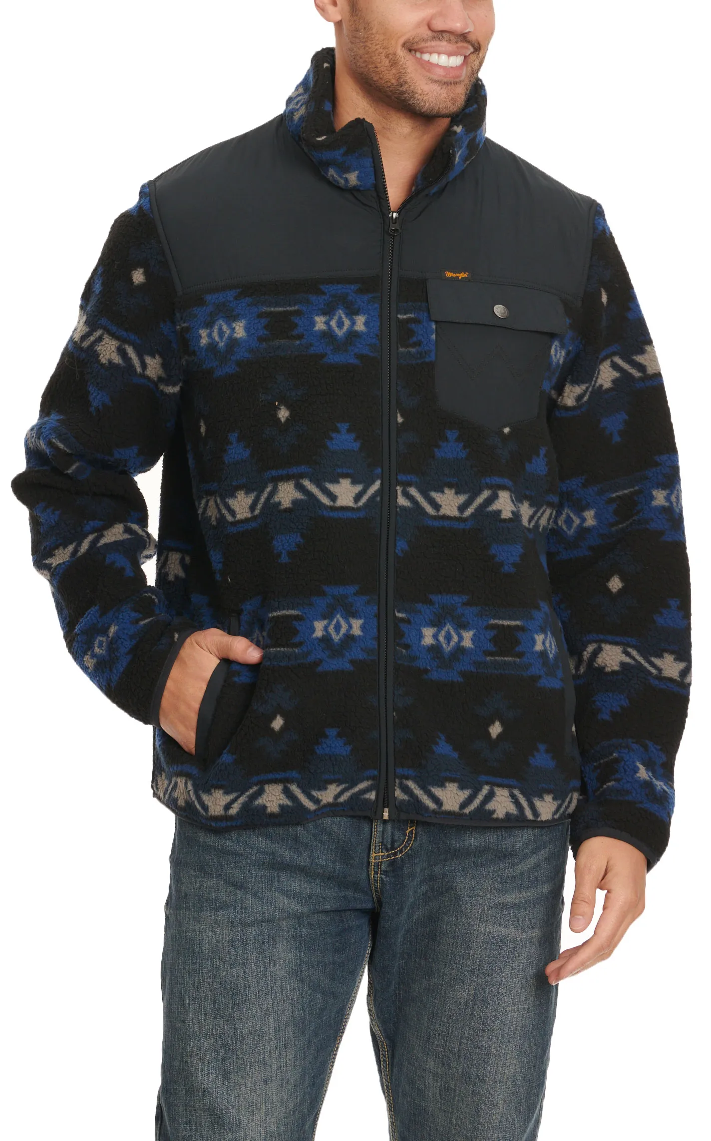 Wrangler Men's Blue and Black Aztec Sherpa Jacket