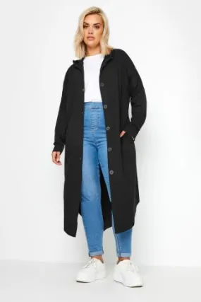 YOURS Curve Black Button Through Hooded Maxi Jacket