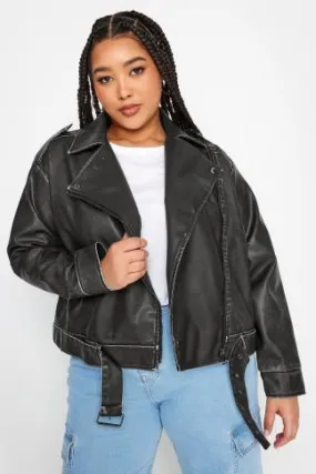 YOURS Curve Black Washed Faux Leather Biker Jacket